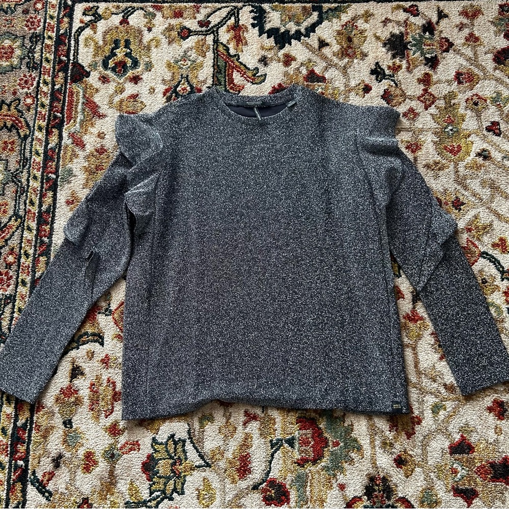 Scotch and Soda Black and Silver Metallic Sparkle Long Sleeve Ruffle Top SZ S